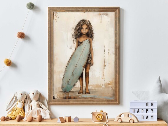 Vintage Beach Girl Holding Surfboard Coastal Nursery Decor Poster