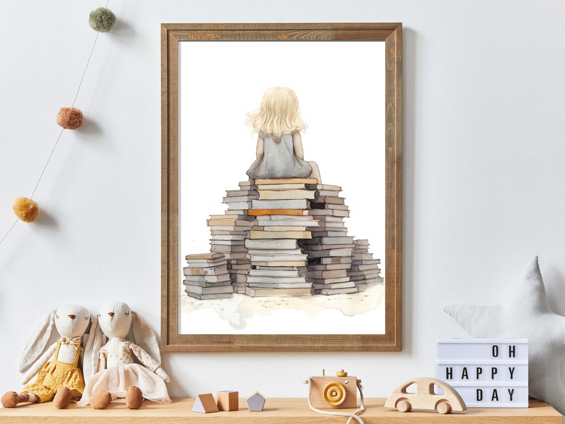 Little Girl Reading Books Art Print, Girls Room Decor
