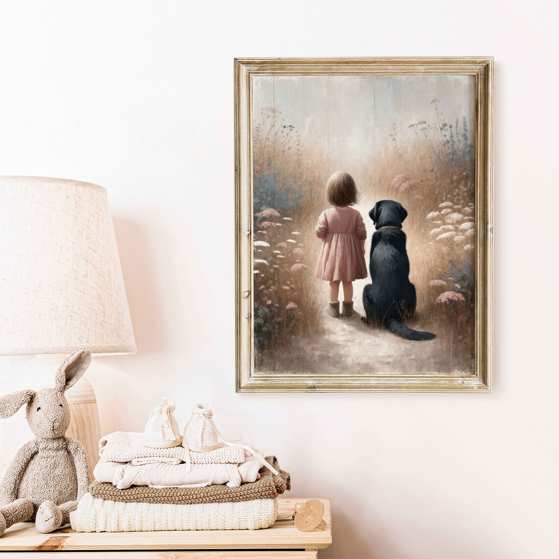 Little Girl and Black Labrador in Wildflower Meadow Nursery Poster - Image 2
