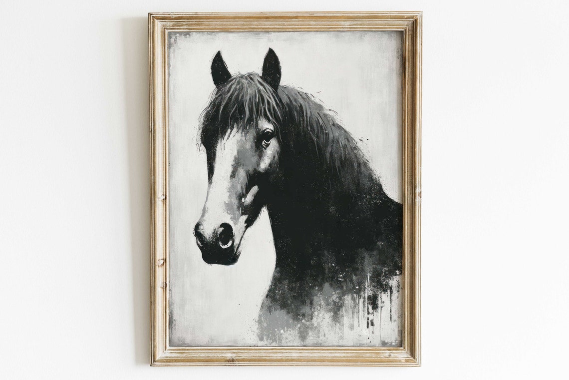 Monochrome Black Horse Head With Painterly Brushwork Equine Art Poster