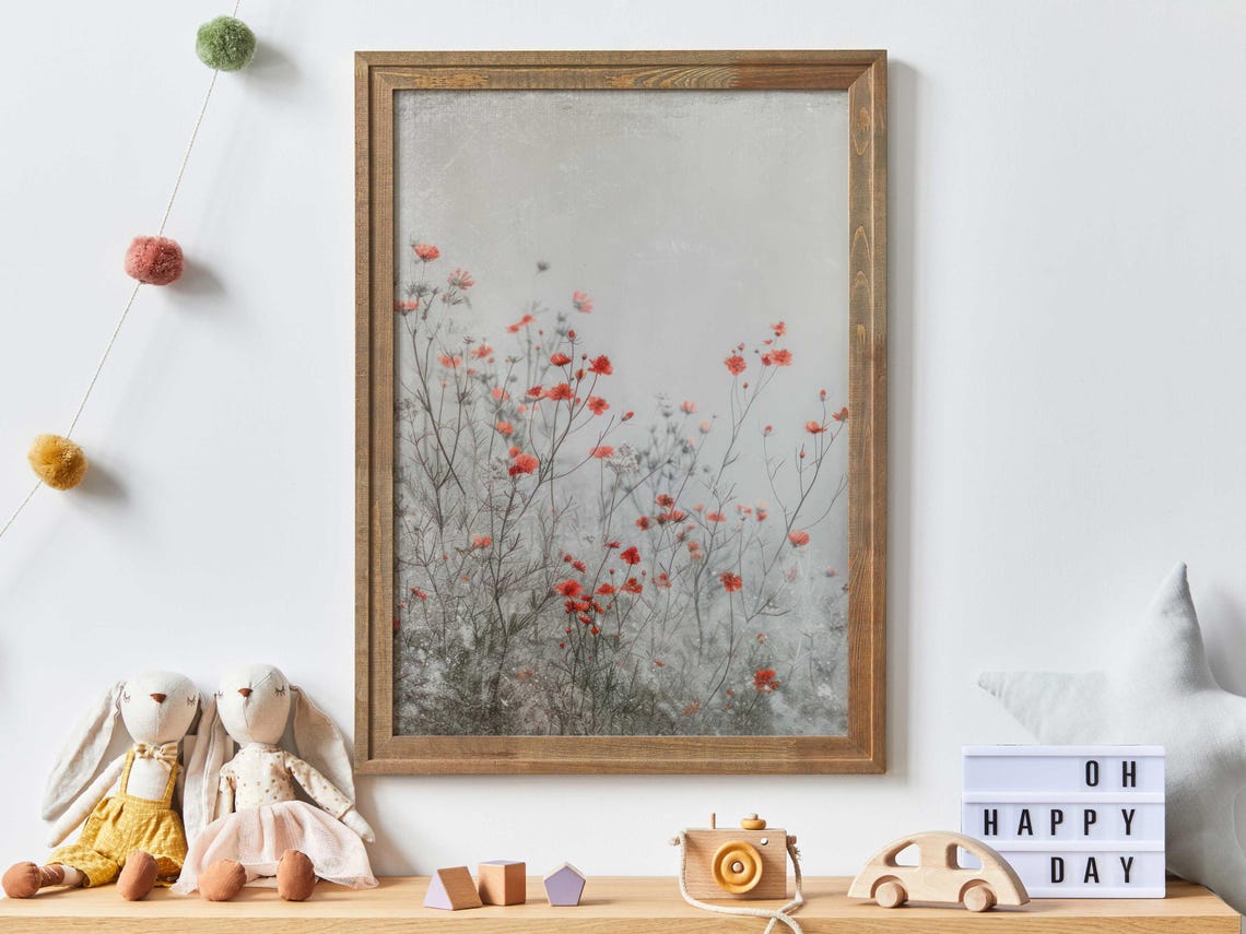 Tall Red Wildflower Field Rustic Floral Nature Artwork Poster - Image 5