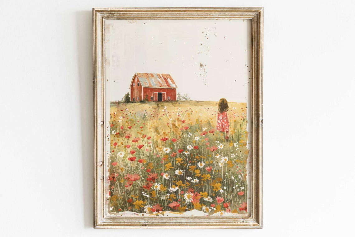 Farm Nursery Decor Girl Red Barn Painting Country Wall Decor Wildflower Field Art Farmhouse Nursery Of 3 Country Art - Image 3