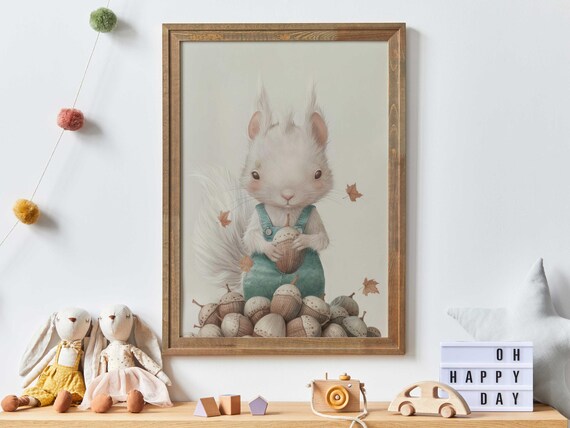 White Squirrel With Acorn in Overalls Woodland Nursery Art Print