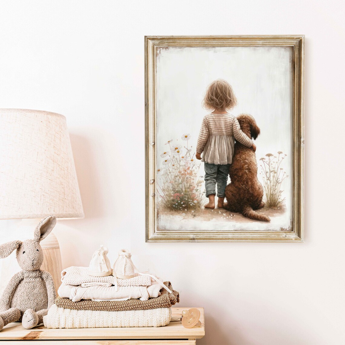 Girl with Labradoodle Puppy in Wildflower Field Nursery Wall Poster - Image 2