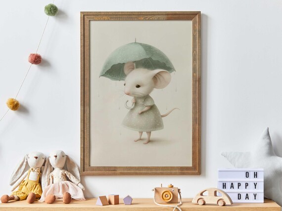 Cute Mouse Art Mouse Nursery Wall Decor Animal Nursery Art Whimsical Mouse Print Umbrella Girls Room Decor Animal Wall Art