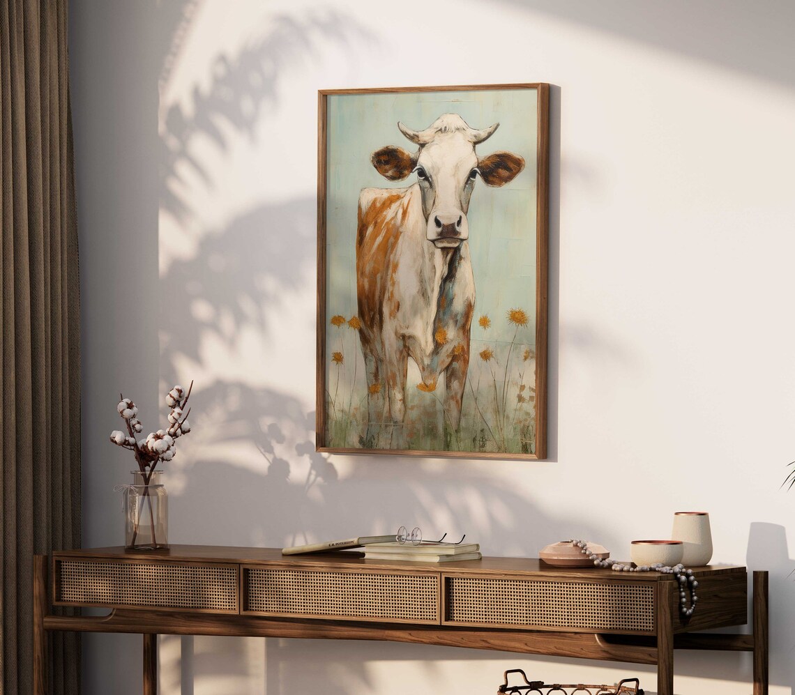Whimsical Painted Cow Portrait Among Golden Wildflowers Poster - Image 2