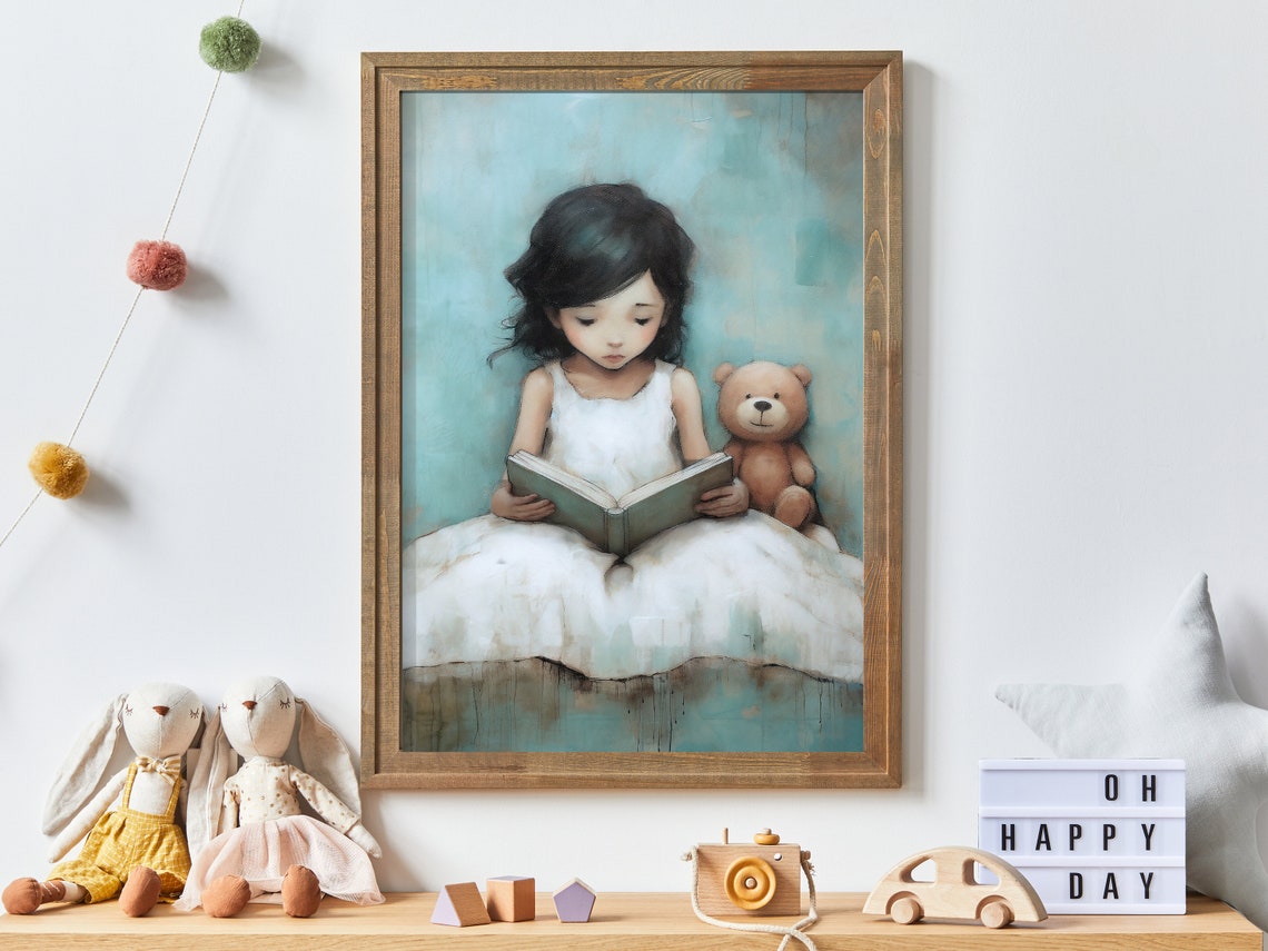 Little Girl Reading with Teddy Bear Soft Turquoise Nursery Wall Poster