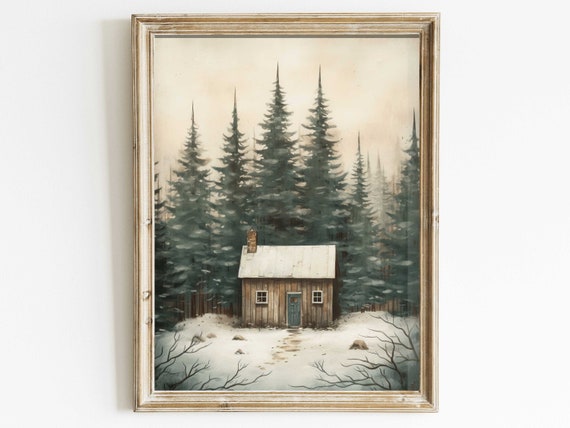 Vintage Forest Cabin Print, Rustic Home Decor