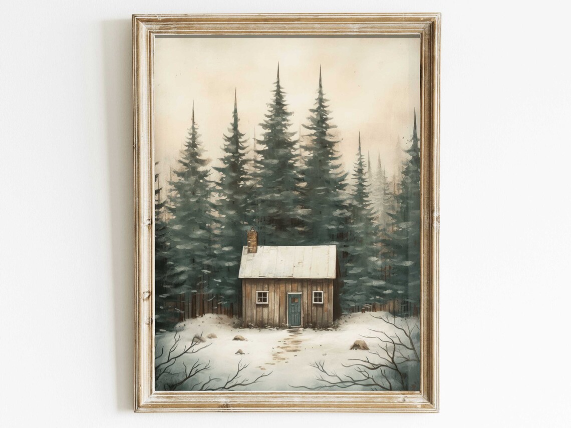 Vintage Forest Cabin Print, Rustic Home Decor