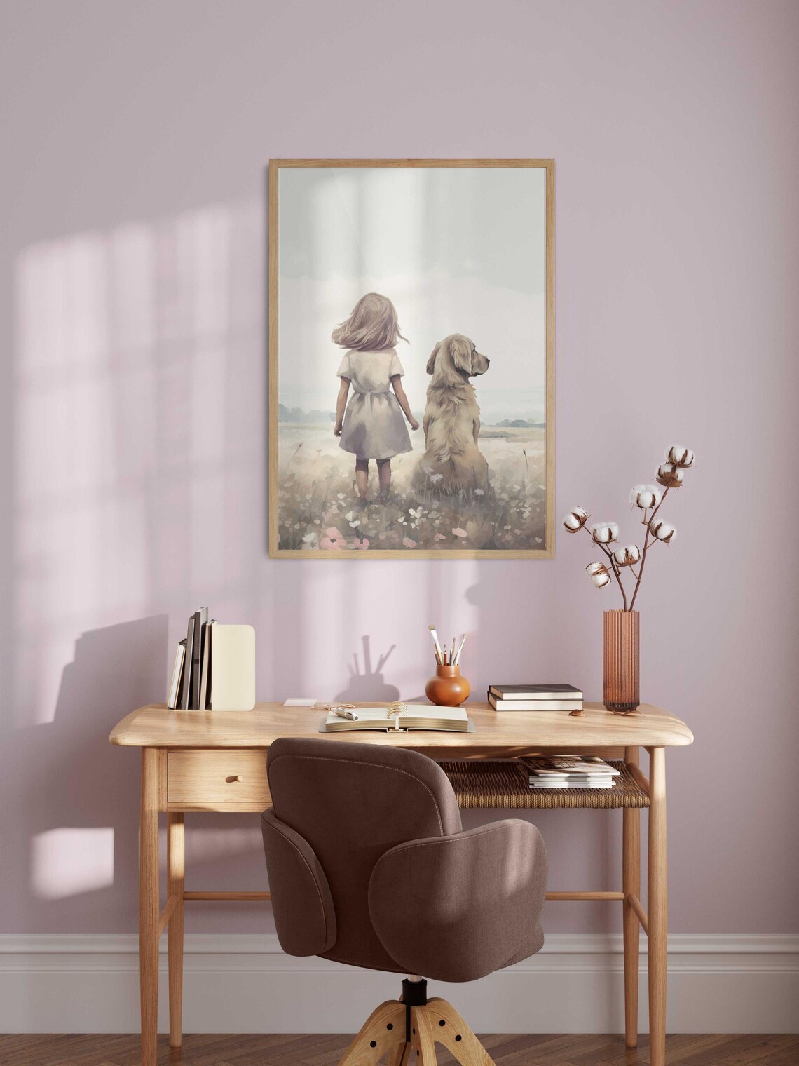 Little Girl And Golden Retriever Wildflower Field Art Poster - Image 4