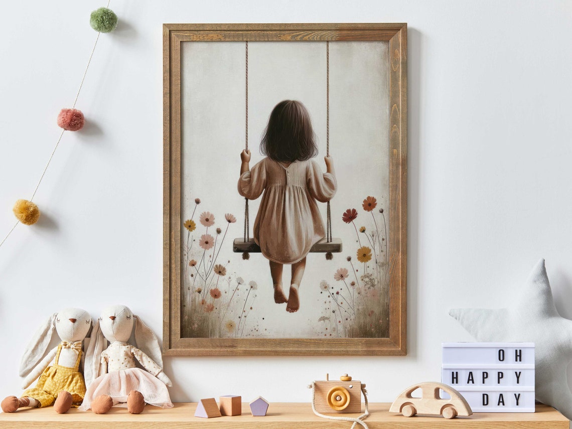 Little Girl On A Swing Wildflower Nursery Girl Girls Bedroom Decor Vintage Girls Room Art Rustic Nursery Wall Art Girl Art