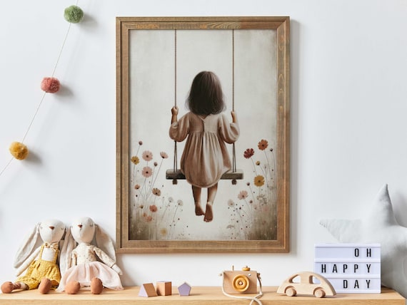 Little Girl on a Swing Among Wildflowers Vintage Nursery Poster