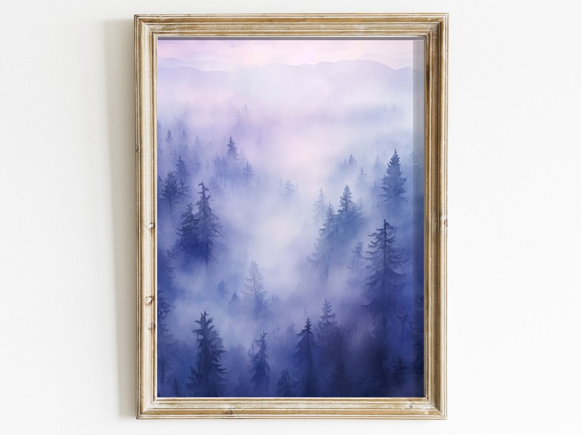 Misty Lavender Pine Forest Dreamy Watercolor Landscape Poster