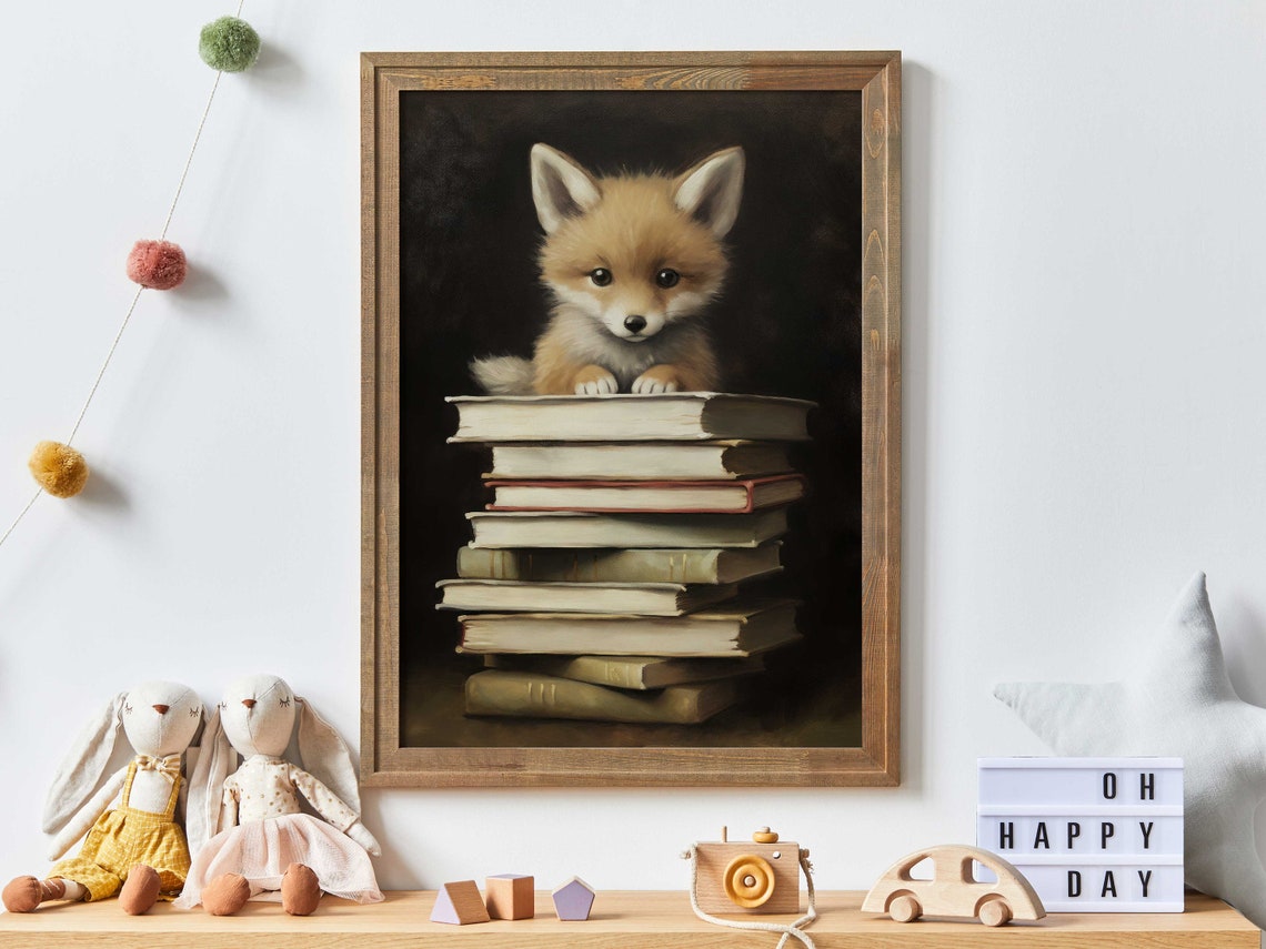 Adorable Fox Kit Peeking Over a Tall Stack of Vintage Books Poster