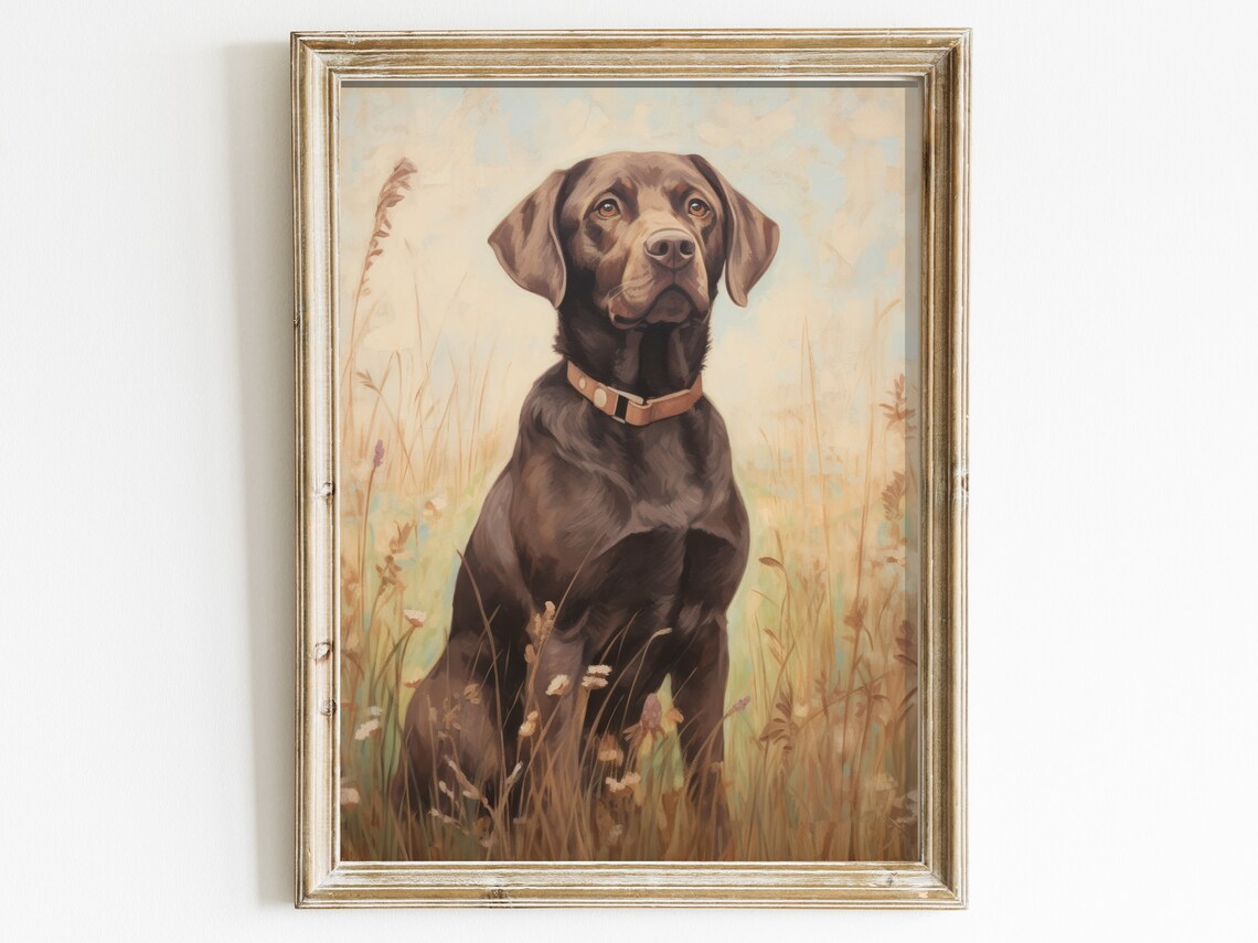 Chocolate Labrador Dog Sitting in Tall Golden Meadow Grass Poster