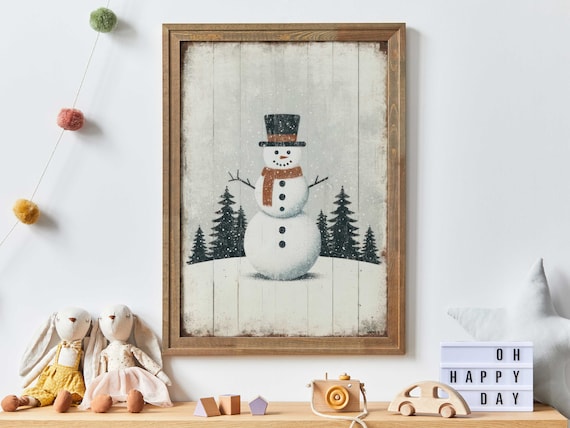 Jolly Snowman in Snowy Pine Forest Christmas Kids Room Poster