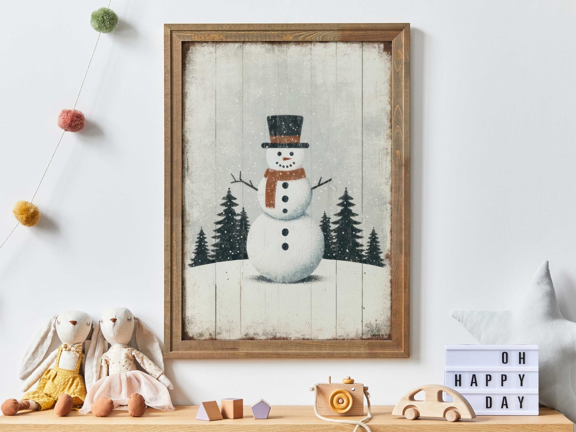 Jolly Snowman in Snowy Pine Forest Christmas Kids Room Poster