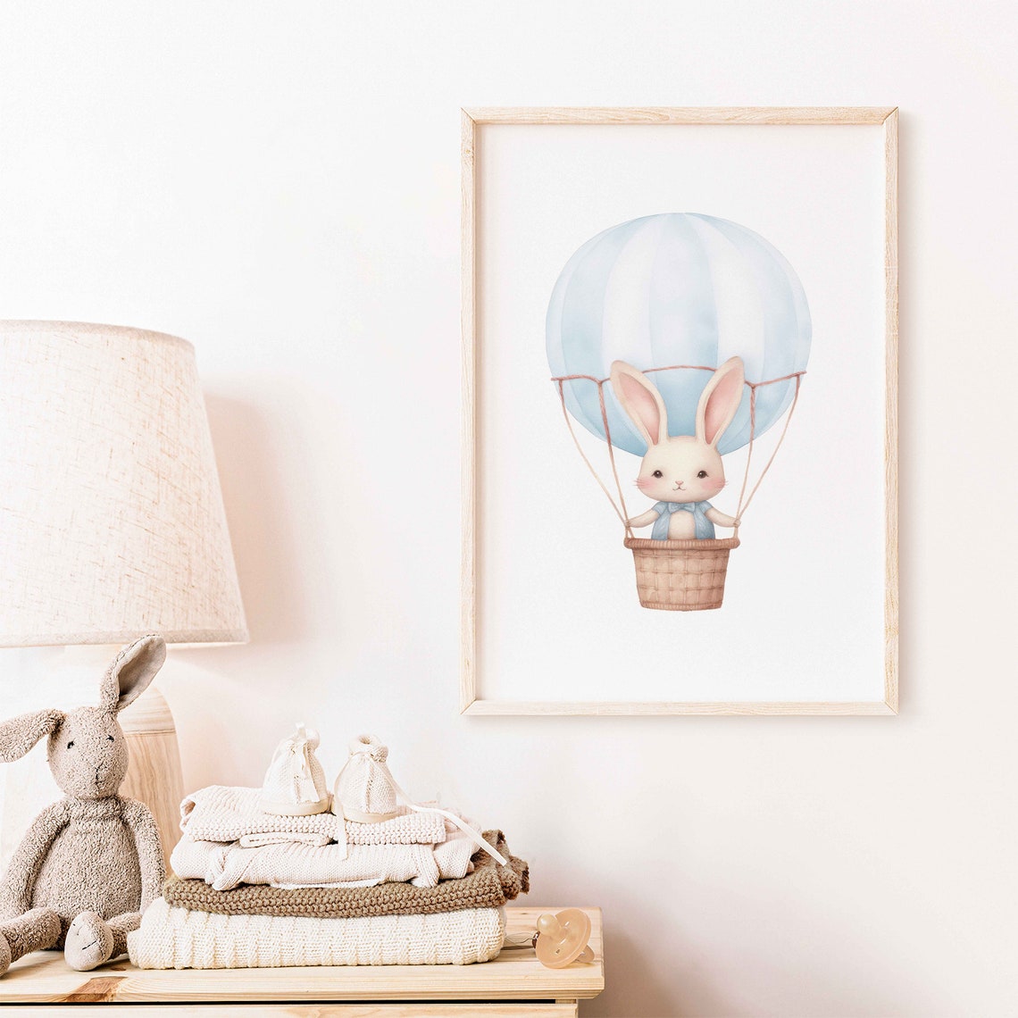 Cute Bunny in a Blue Hot Air Balloon Watercolor Nursery Poster - Image 2
