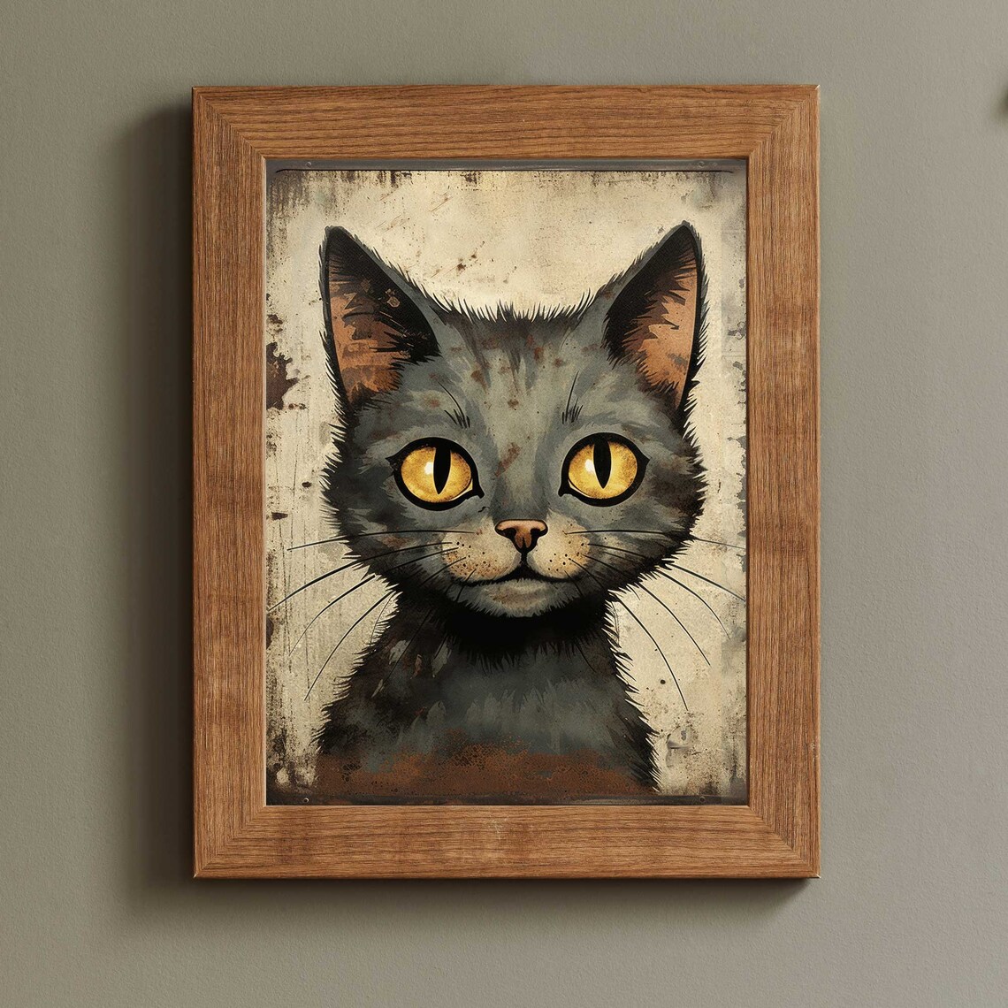Black Cat With Golden Eyes Portrait On Distressed Vintage Cat Art Print - Image 2