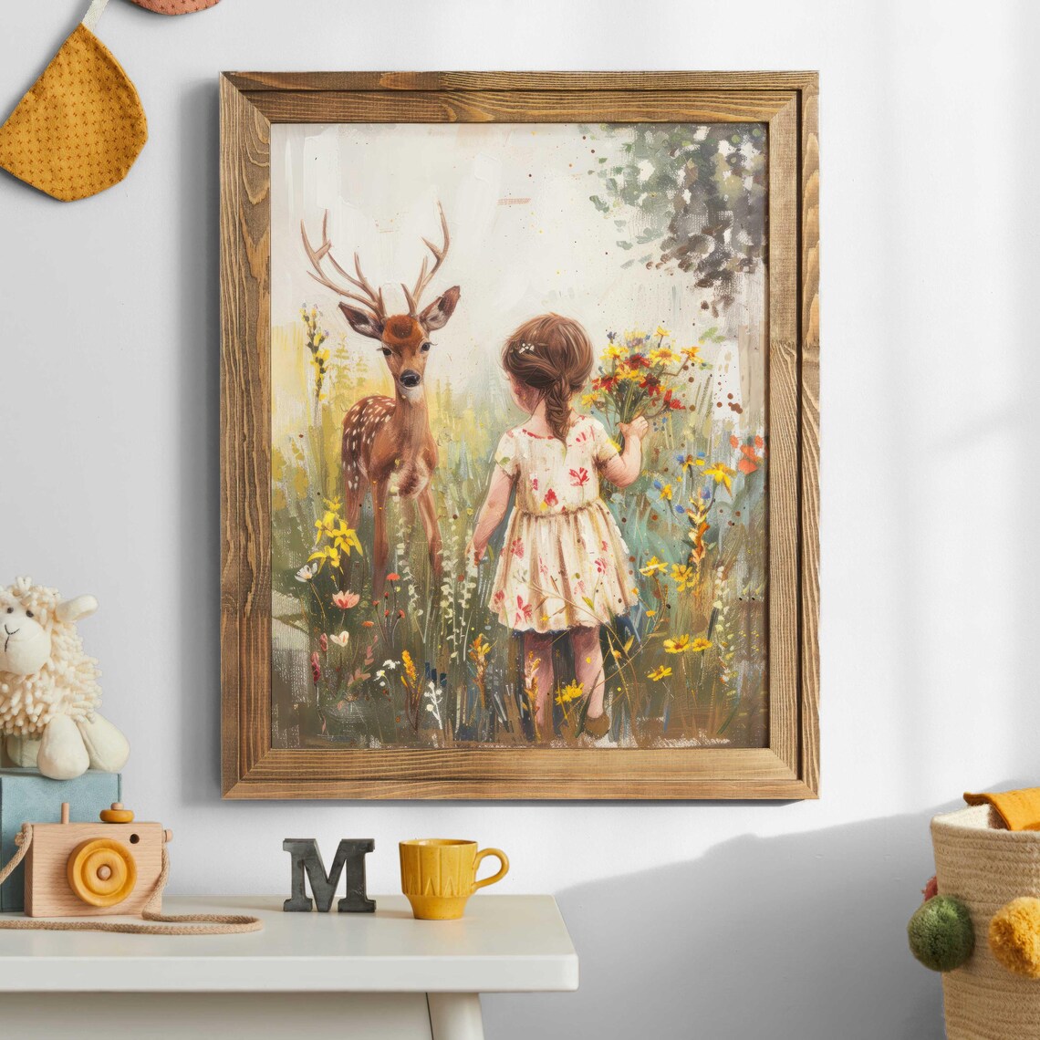 Little Girl and Deer Watercolor Wildflower Meadow Nursery Wall Art - Image 5