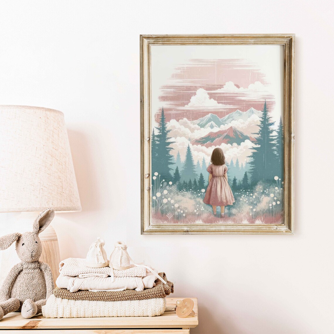 Little Girl Hiker with Backpack on Mountain Trail Nursery Poster - Image 2