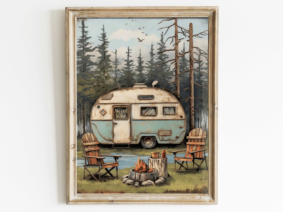 Vintage Camper Trailer Parked at Lakeside Campfire Campsite Poster