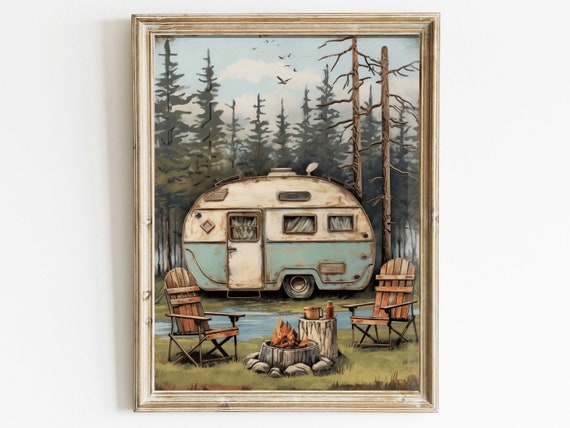 Vintage Camper Trailer Parked at Lakeside Campfire Campsite Poster