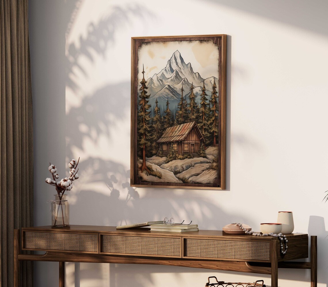 Snowy Mountain Cabin Among Tall Pines Vintage Nature Art Poster - Image 2