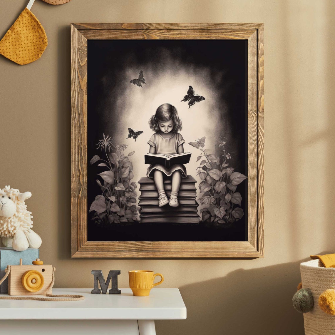 Girl Reading A Book On Stacked Books With Butterflies Monochrome Print - Image 2