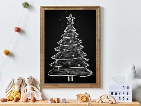 White Chalk Christmas Tree Sketch With Star Topper Nursery Poster