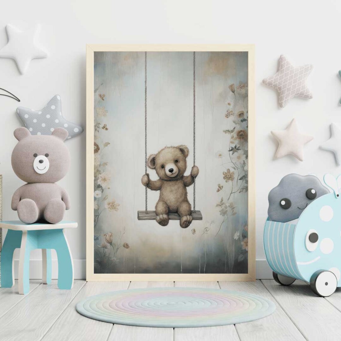Teddy Bear on a Swing Among Wildflowers Nursery Wall Decor Poster - Image 2