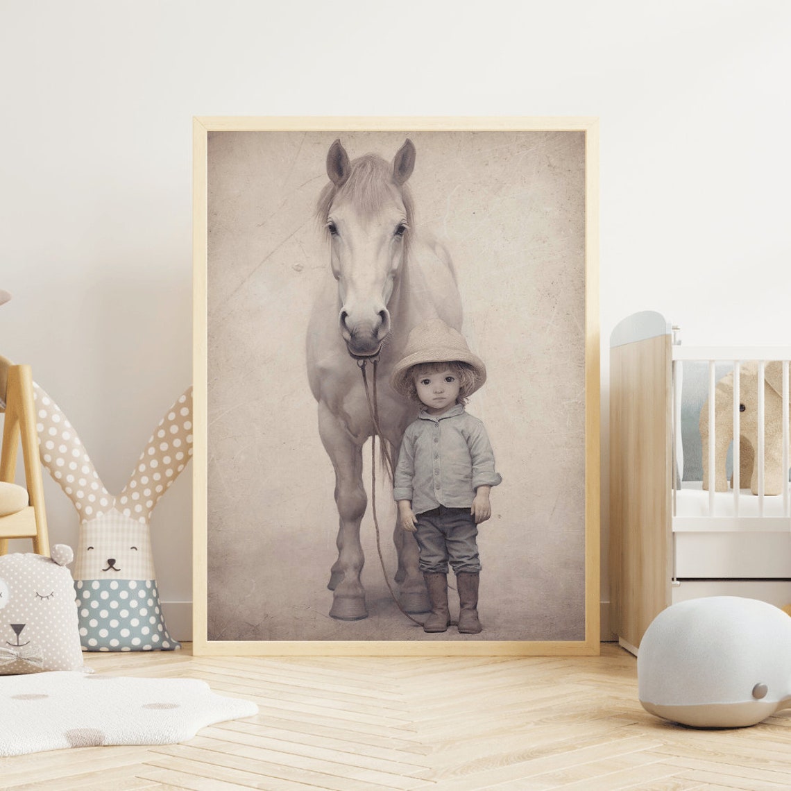 Little Cowboy Boy with a White Horse Vintage Nursery Room Poster - Image 2