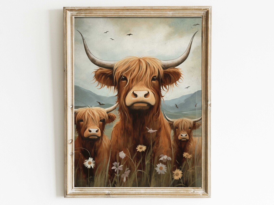 Three Highland Cows Standing in a Wildflower Meadow Farm Poster