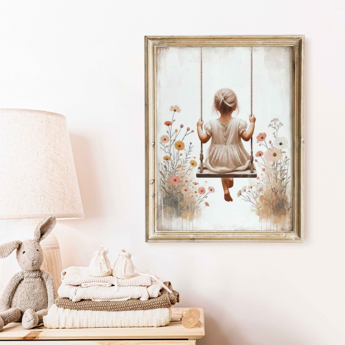 Little Girl On A Swing Wildflower Nursery Art - Image 2