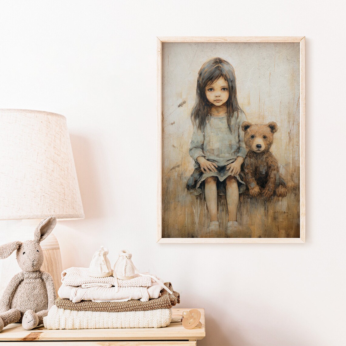 Little Girl Sitting with a Bear Cub Rustic Watercolor Nursery Poster - Image 2