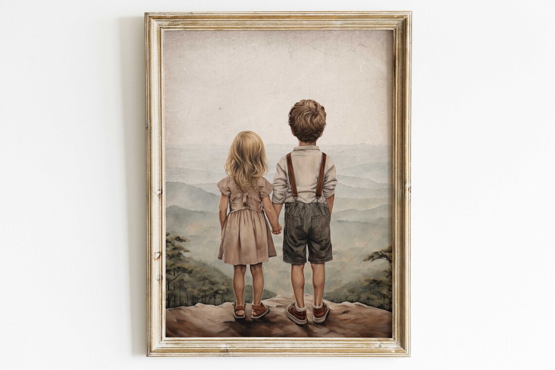 Brother and Sister Holding Hands Overlooking Misty Mountains Poster - Image 2