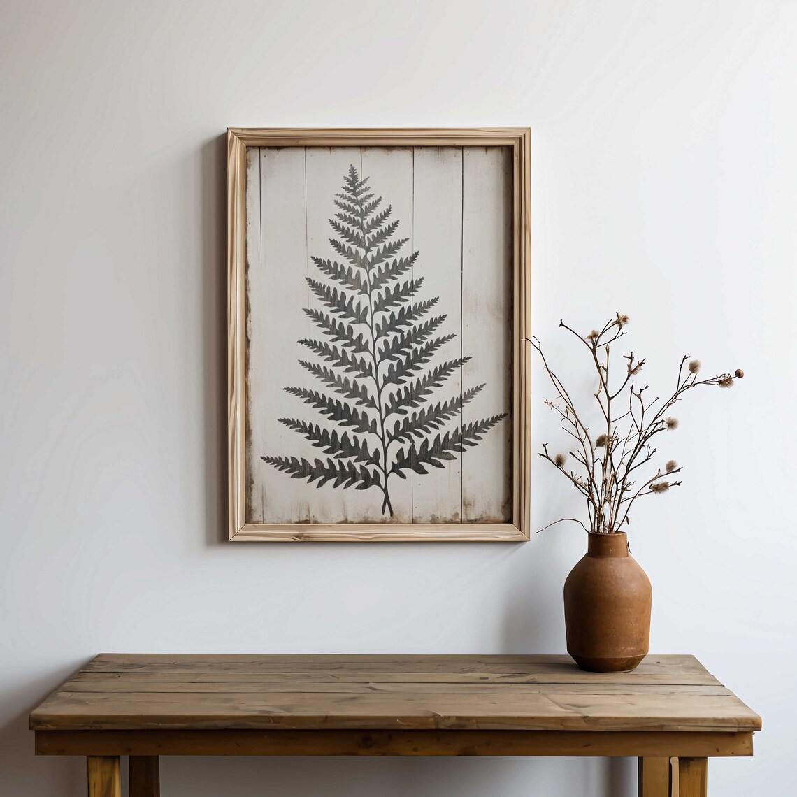 Black Fern Frond Botanical Poster Vintage Wood Panel Rustic Decor - Image 2