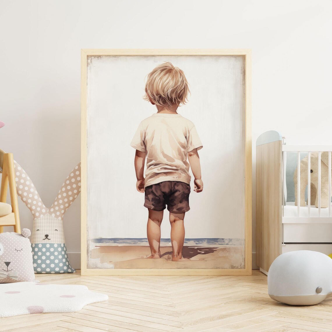 Little Boy Gazing at the Ocean Beach Nursery Kids Room Art Poster - Image 2