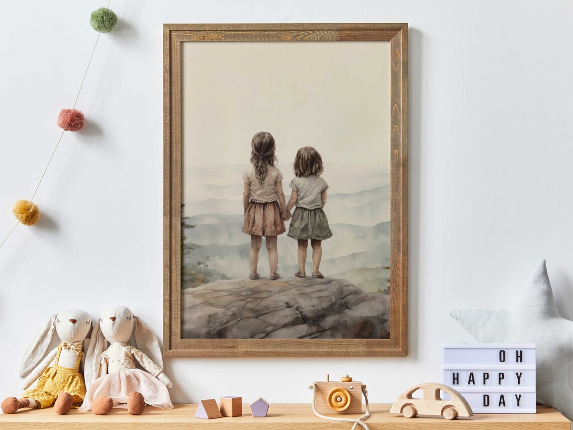 Two Girls Holding Hands Poster Rocky Overlook Mountain Nursery Decor - Image 3