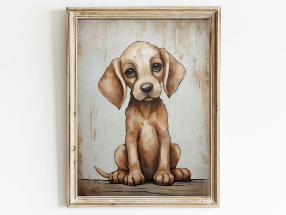 Sweet Tan Puppy Sitting Portrait Vintage Nursery Dog Art Poster