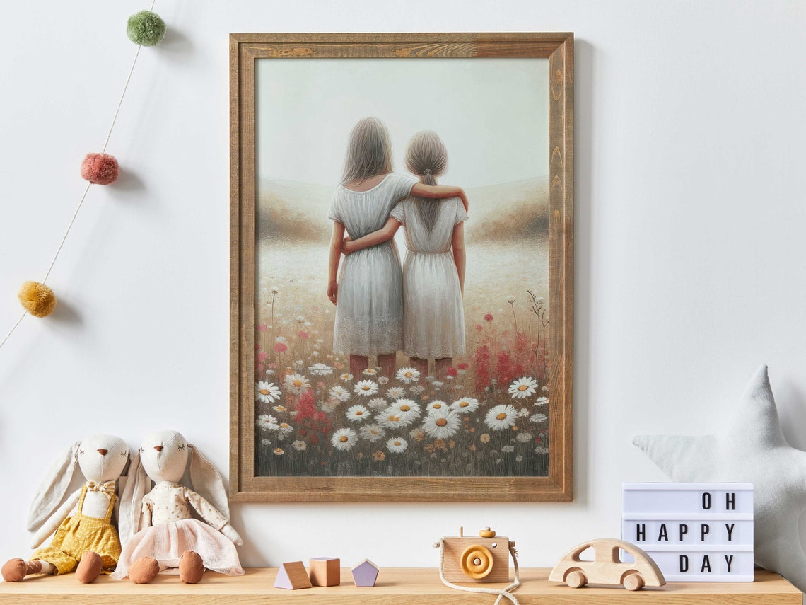 Sister Wall Art Sisterhood Art Vintage Sister Painting Girl Bff Print Wildflower Girls Room Decor Best Friends Art Girl Art