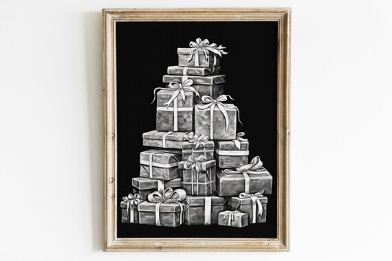 Stack of Christmas Gifts on Black Chalkboard Holiday Wall Art