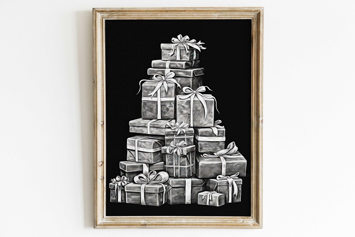 Stack of Christmas Gifts on Black Chalkboard Holiday Wall Art
