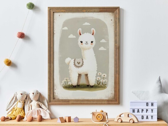Cute White Llama Nursery Wall Art with Heart Blanket for Baby Room