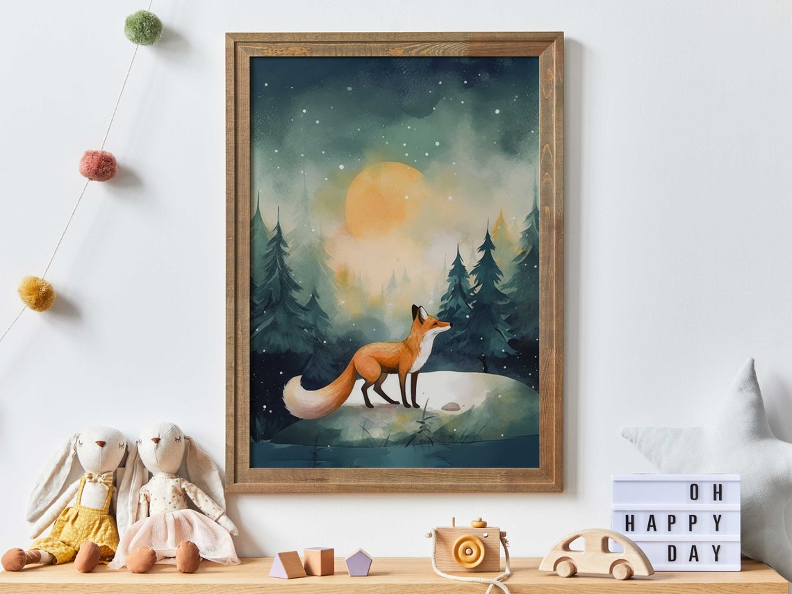 Red Fox Walking in Mystical Glowing Forest Night Woodland Poster
