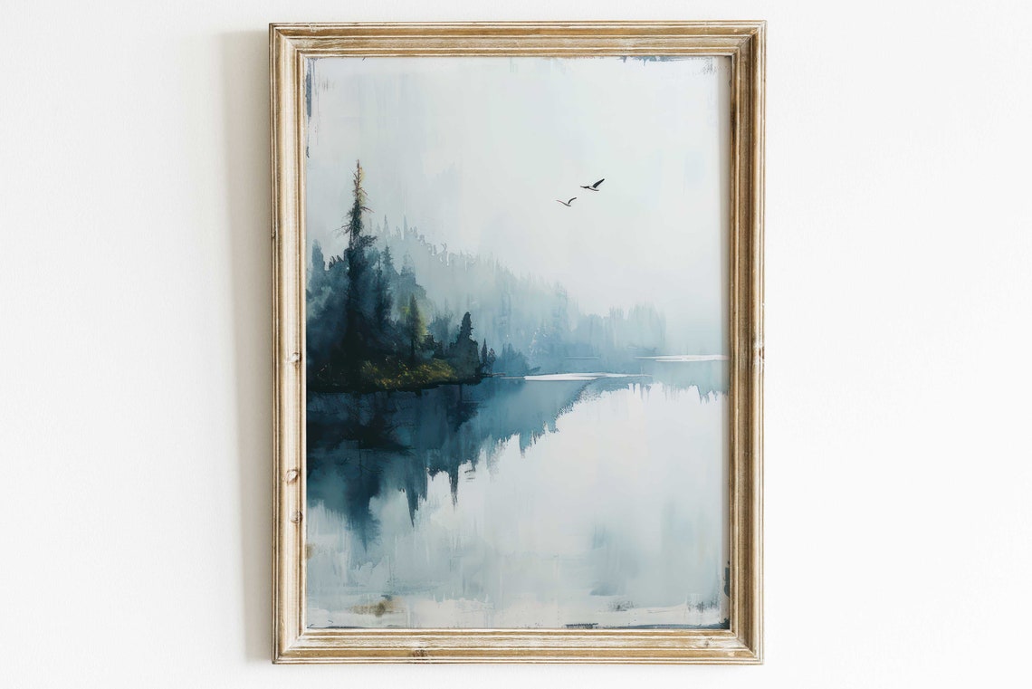 Misty Blue Lake Forest Reflection Tranquil Calm Waters Poster