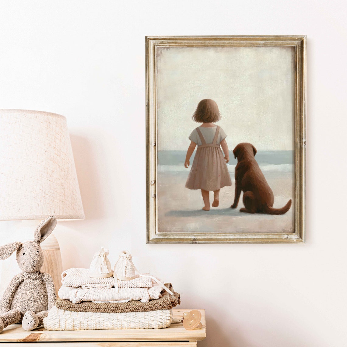 Little Girl with Chocolate Labrador Sitting by the Beach Poster - Image 2