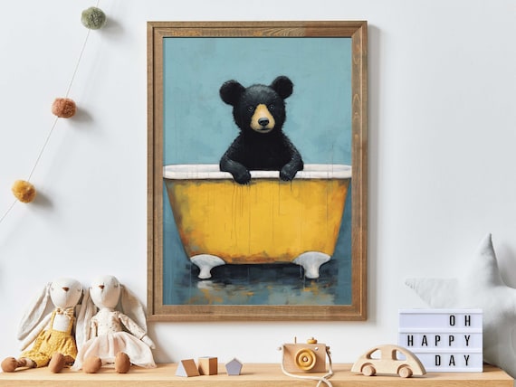 Bear Nursery Decor Cute Bear Print Black Bear Forest Animal Decor Animals Bathing Print Rustic Kids Bedroom Nursery Wall Art