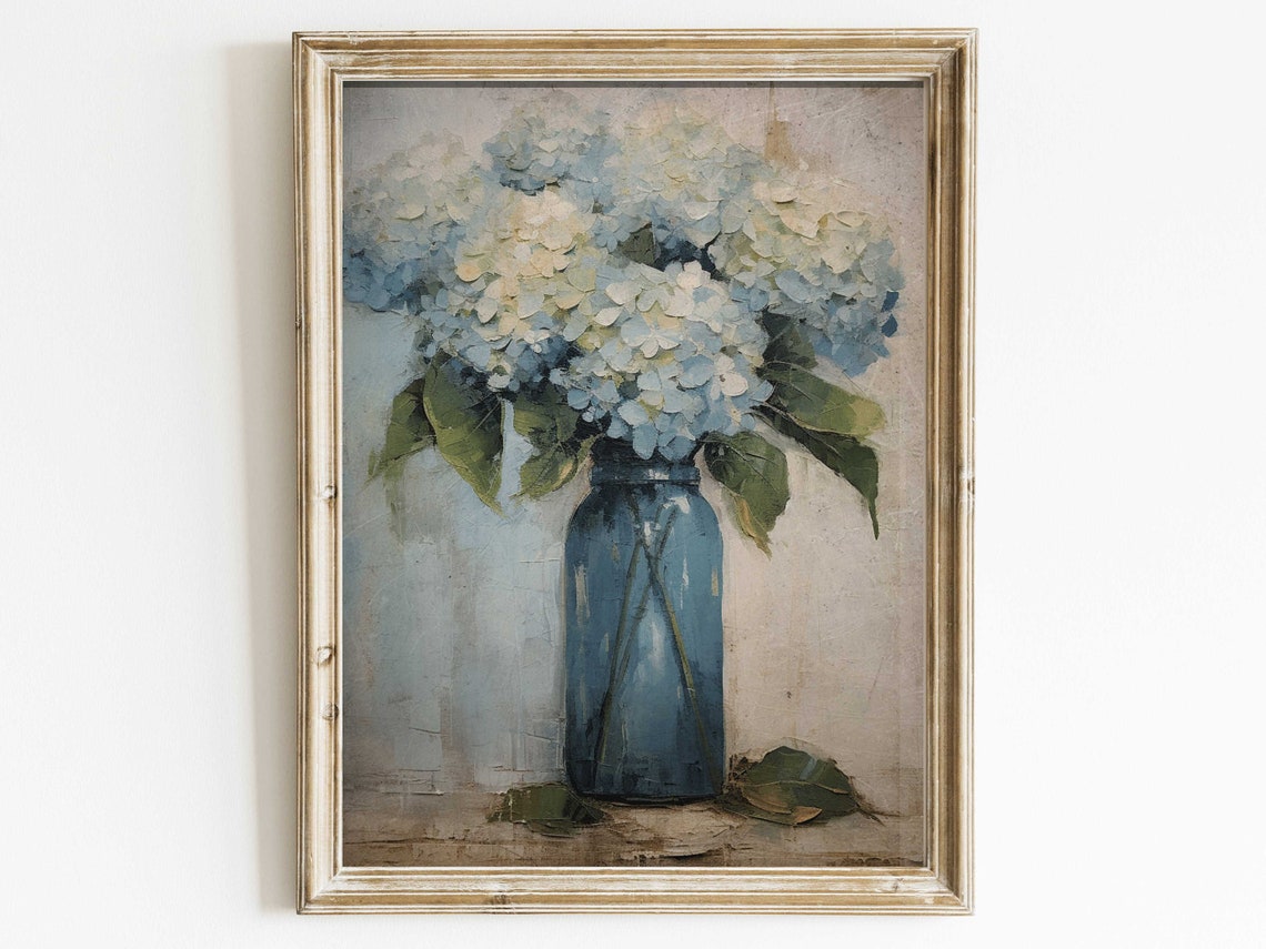 Blue Hydrangeas In A Blue Vase Soft Painterly Vintage Floral Art Print
