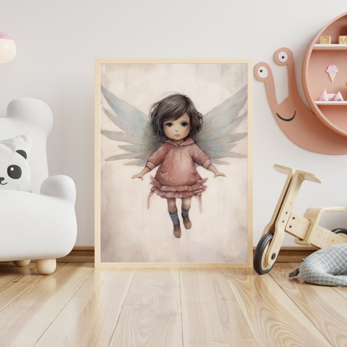 Little Girl with Angel Wings in Pink Dress Nursery Art Poster - Image 2